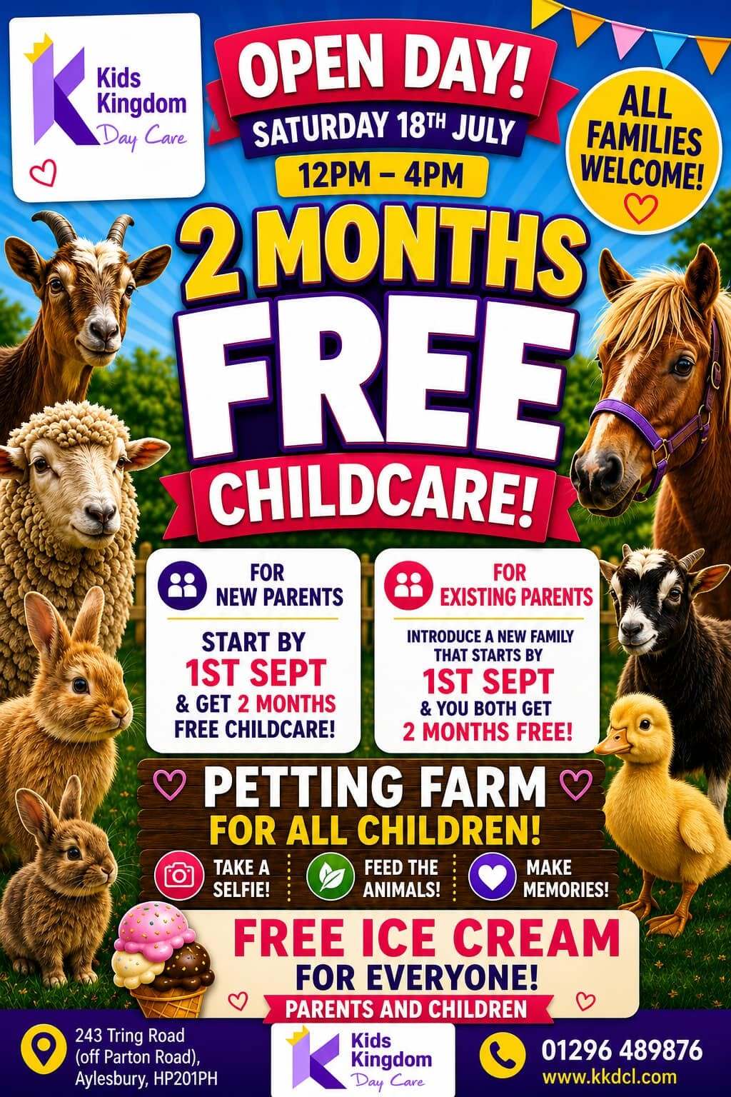 2 Months FREE Childcare + Petting Farm + Free Ice Cream